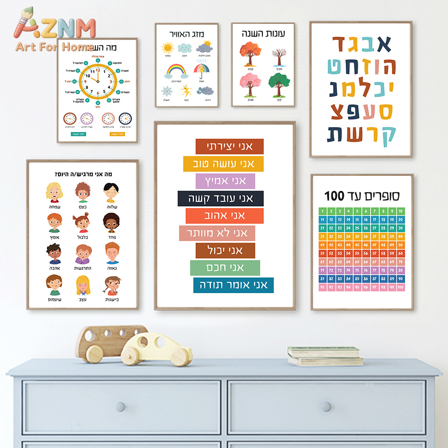 Kids Education Quote - AZNM Hebreeuws educatief canvas wandkunst alfabet