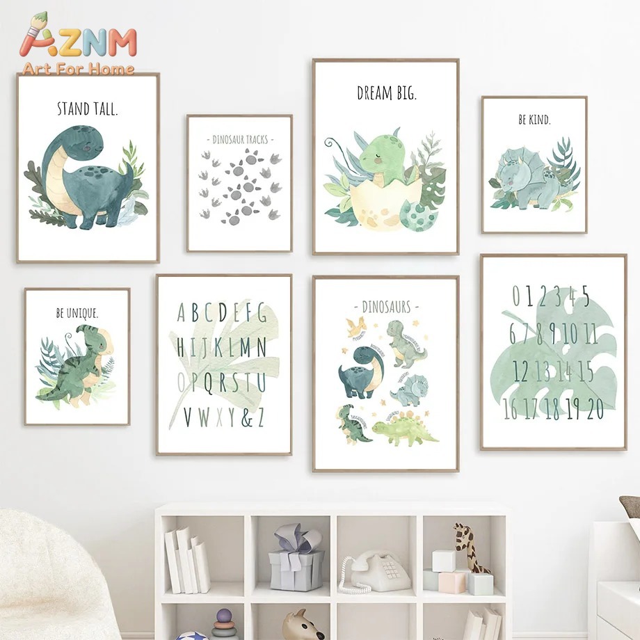 Kids Education Quote - AZNM Waterverf Dinosaurus Alfabet Nummer Canvas